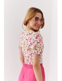 Short women\'s blouse with a floral print, cream and amaranth 02047 - Online store - Boutique